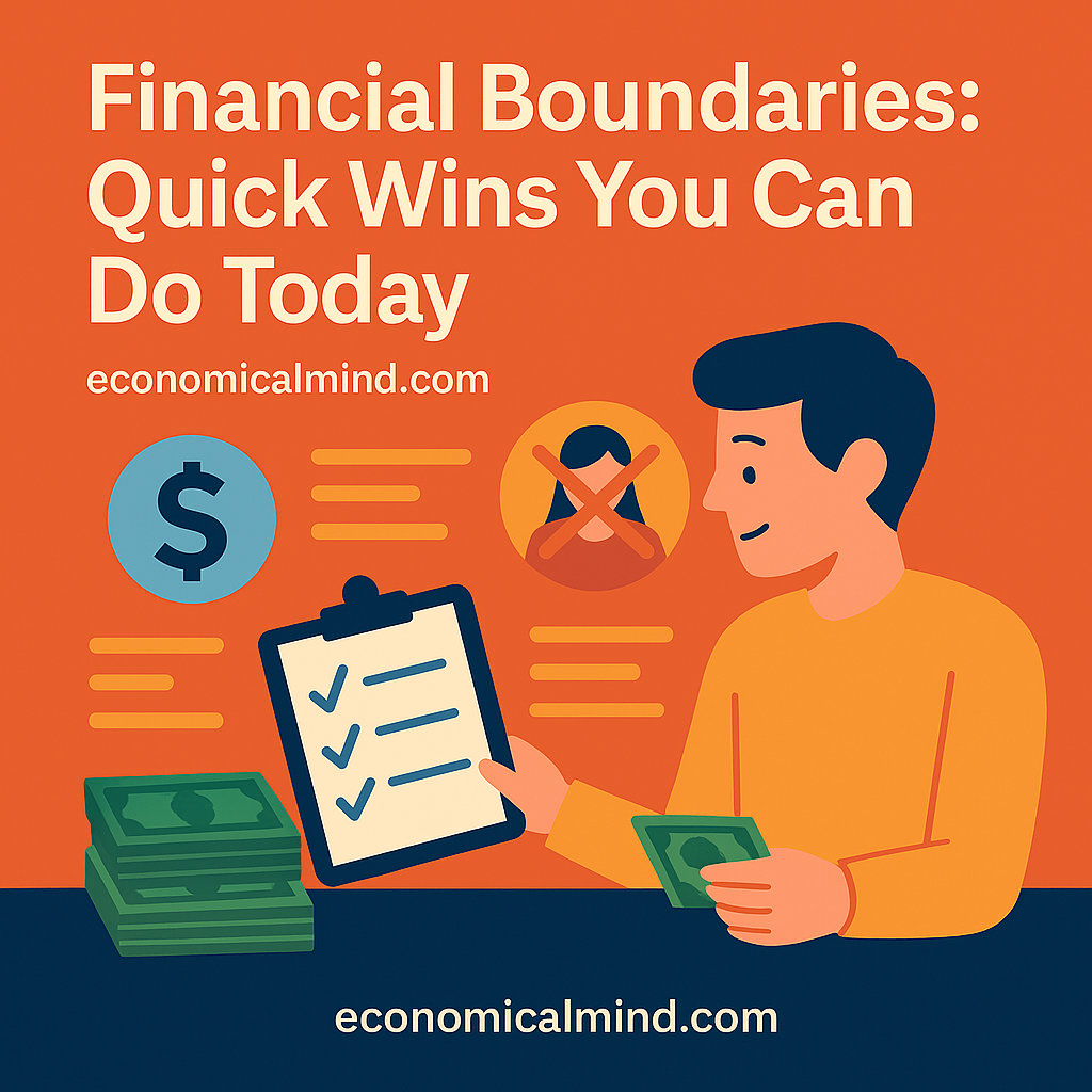 Flat-style digital illustration showing a person calmly setting money limits and boundaries with others.