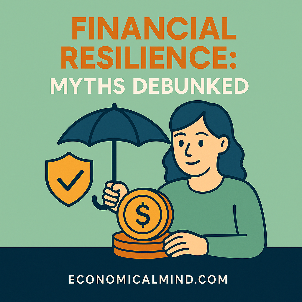 Flat illustration of a woman balancing an umbrella and coins, symbolizing financial resilience and stability.