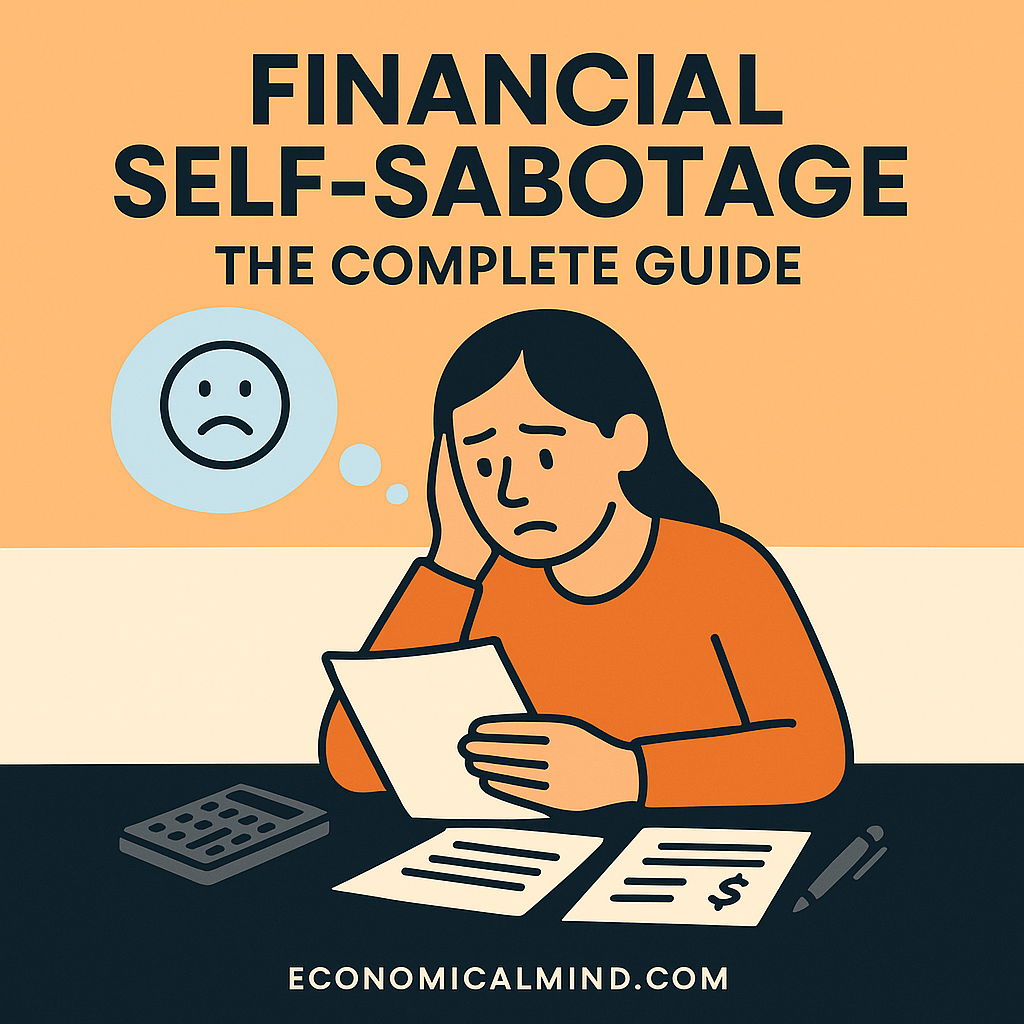 Illustration of a person reflecting on money habits while reviewing finances, symbolizing overcoming financial self-sabotage.