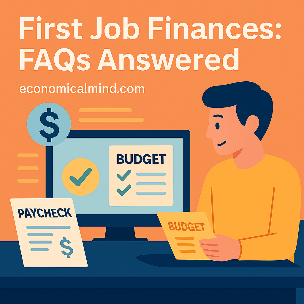 Flat-style digital illustration of a young professional reviewing their first paycheck and budget plan at a desk.