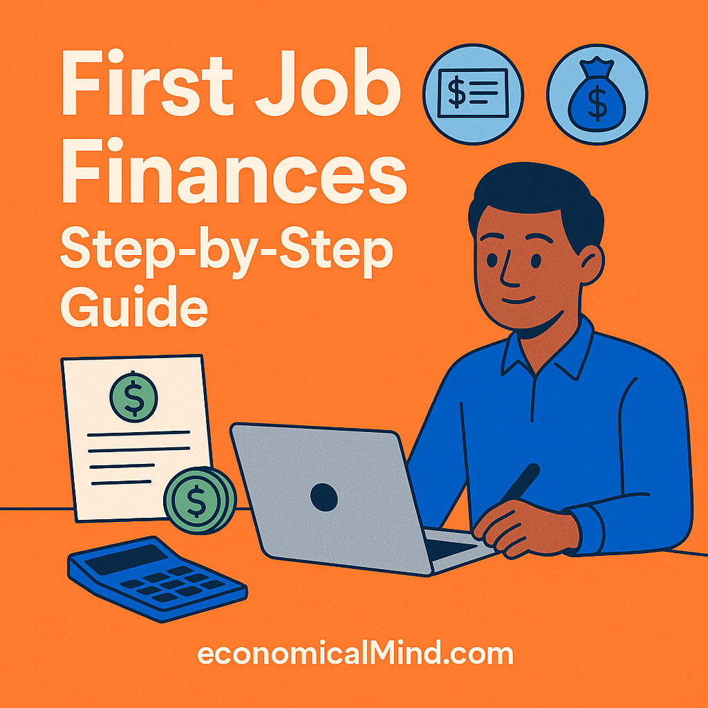 Young professional reviewing paycheck and budgeting for their first job on a laptop.