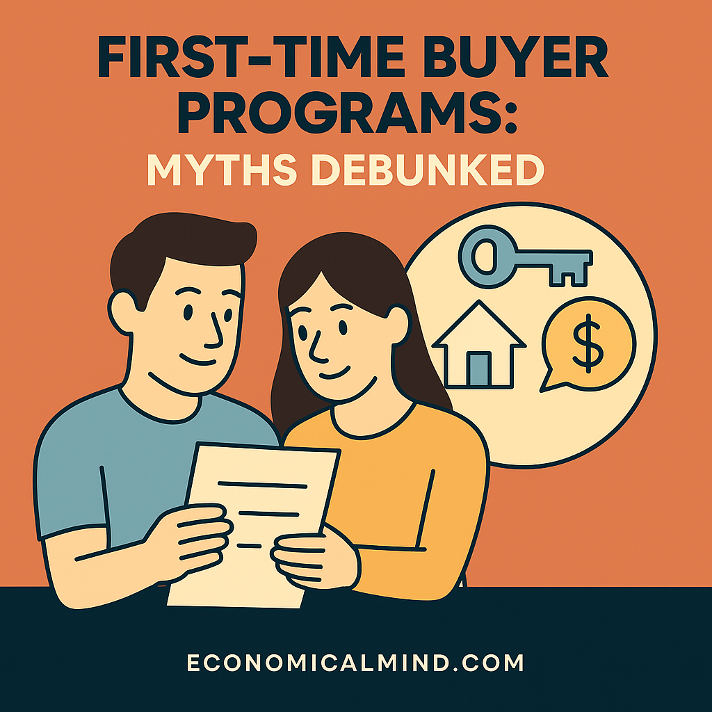 Flat illustration of a couple reviewing home documents with a house key and assistance icons.