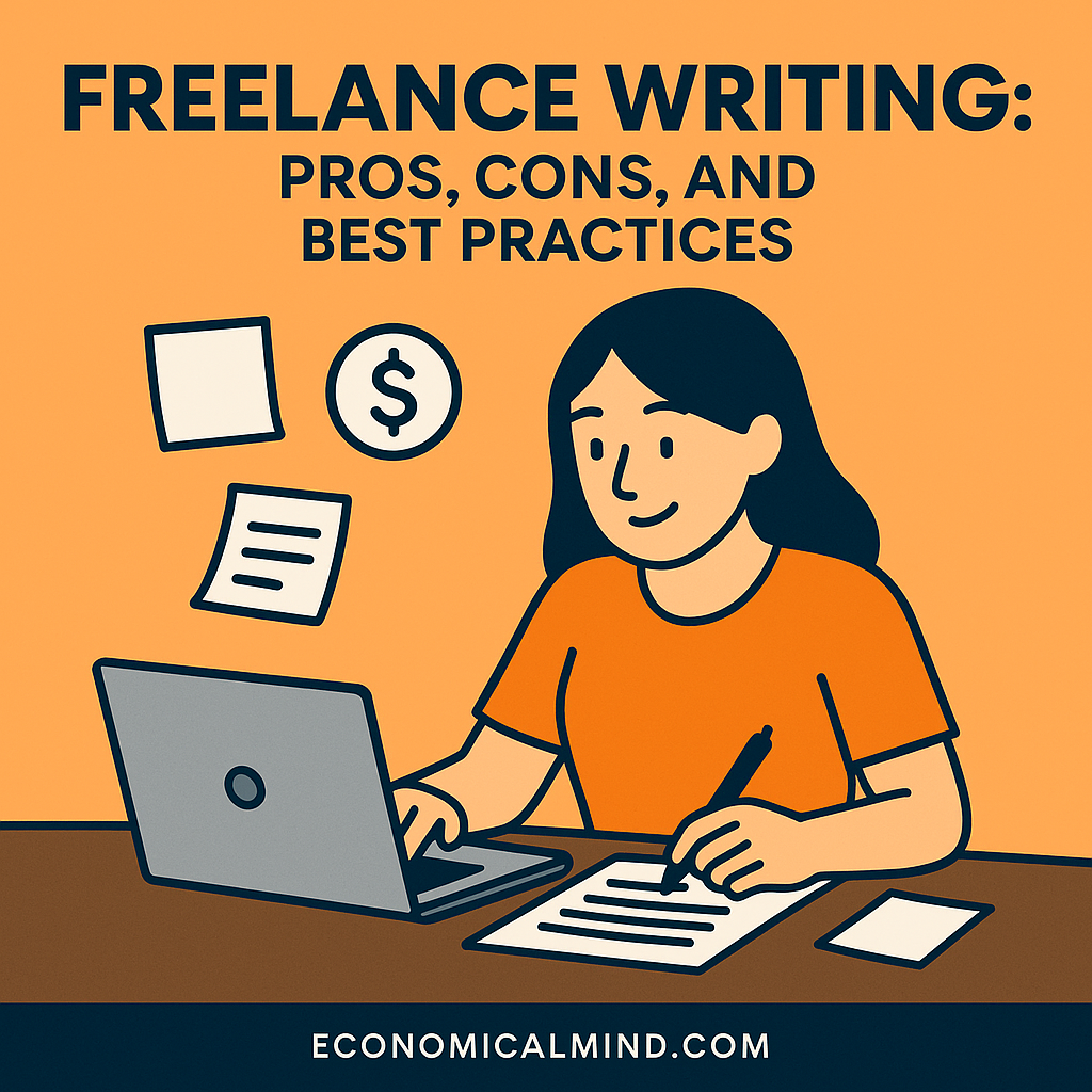 Illustration of a freelance writer working on a laptop at home surrounded by notes and ideas.