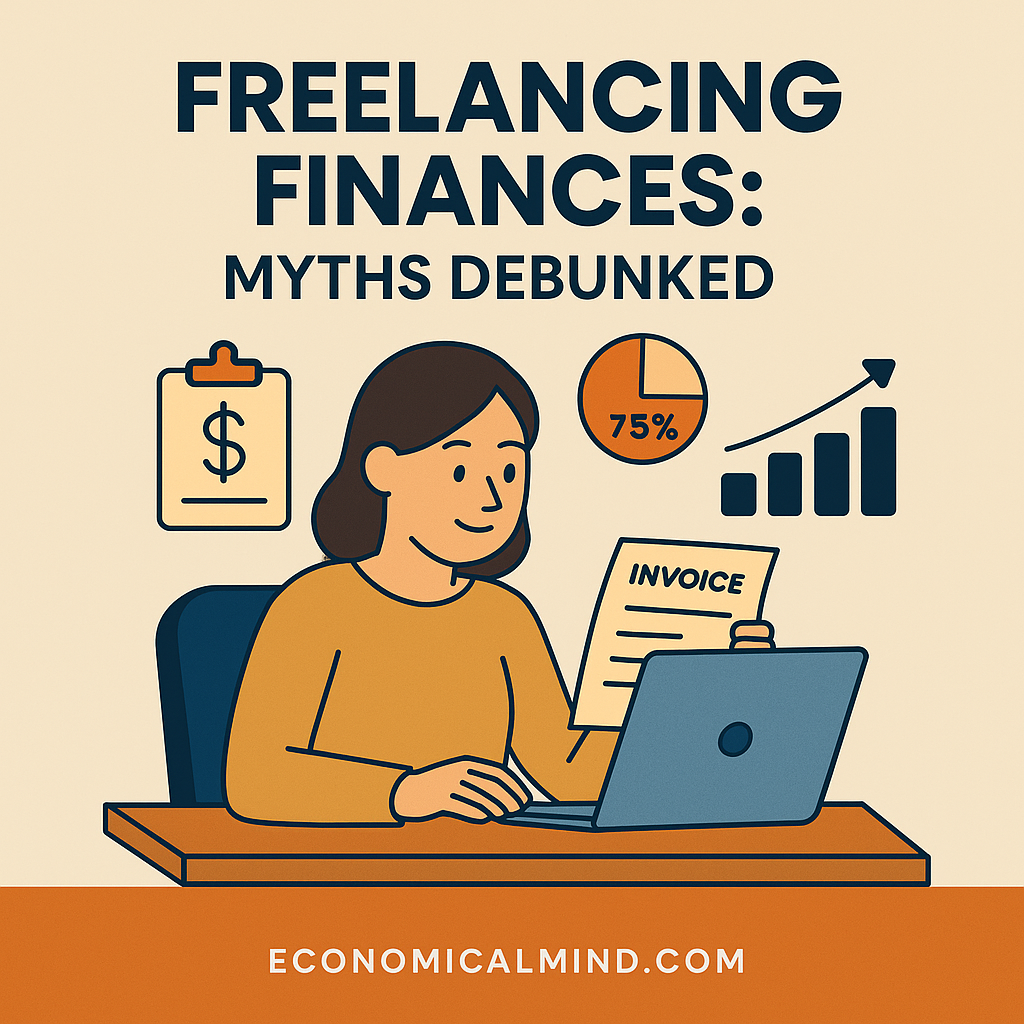 Flat illustration of a freelancer managing finances at a desk with laptop, invoices, and charts.