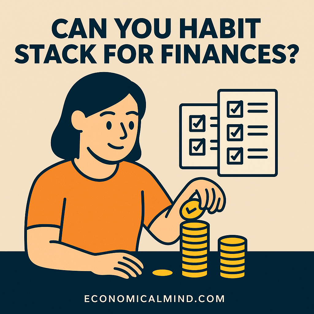 Illustration of a person stacking coins and checklists together, symbolizing building strong financial habits.