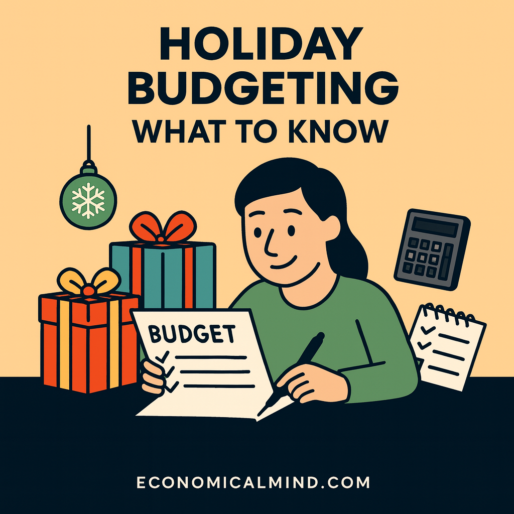 Flat illustration of a person planning a holiday budget surrounded by gifts, a calculator, and checklist, text reads “Holiday Budgeting: What to Know.”