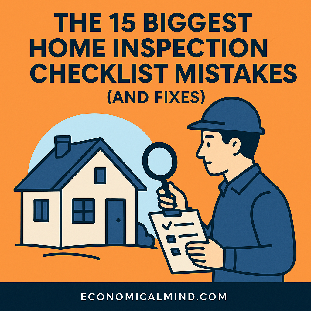 Illustration of a home inspector checking a house with a clipboard and magnifying glass.