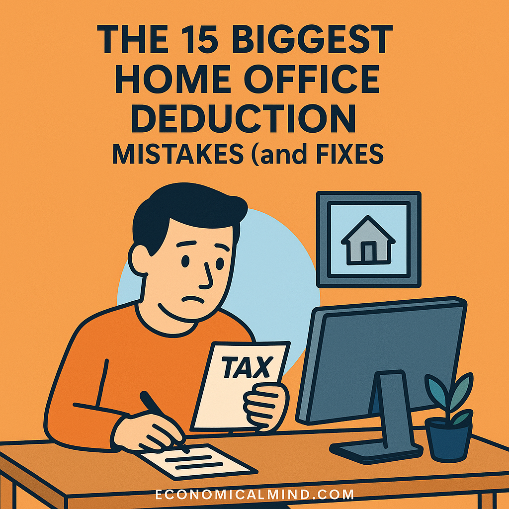 Illustration of a person working in a small home office with tax forms and a computer, representing home office deductions.