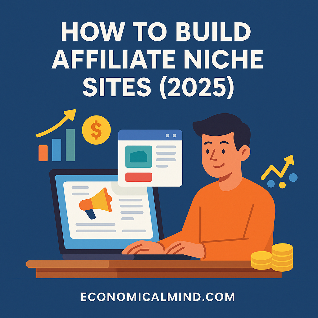 Person creating affiliate niche website with charts, product links, and income growth graphics.