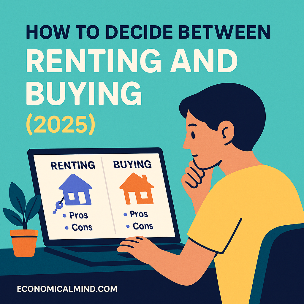 Person comparing the pros and cons of renting versus buying a home in 2025 on a laptop.