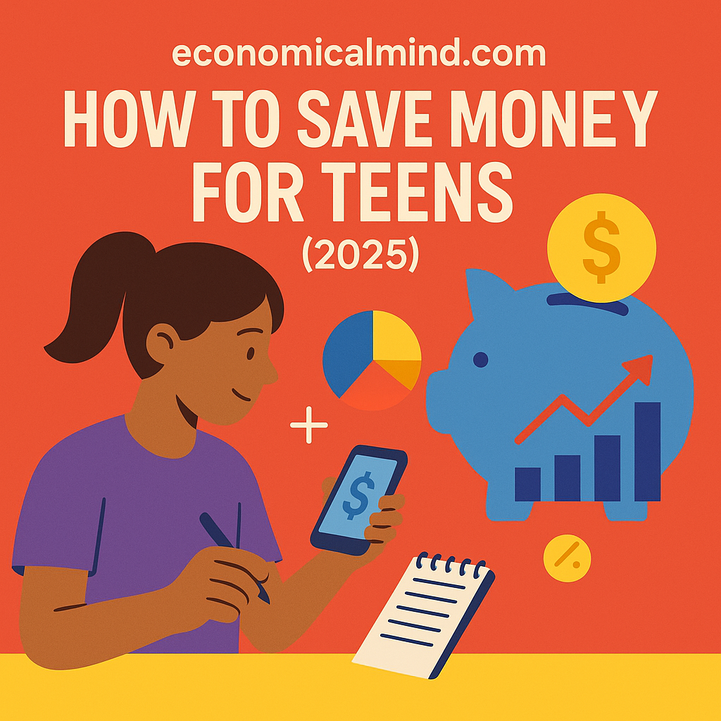 Teen learning how to budget and save money in 2025 using a phone and notebook.