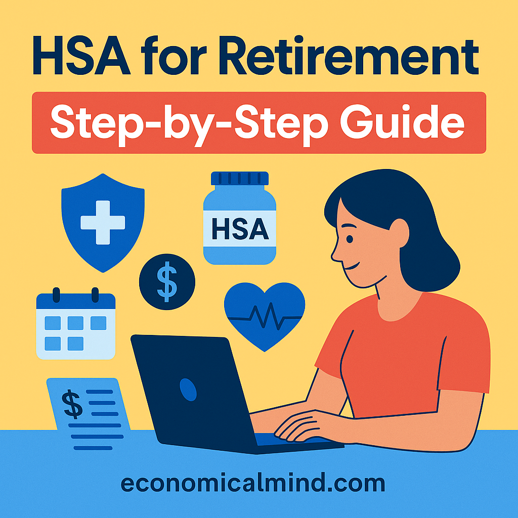 Person reviewing HSA retirement strategy on a laptop surrounded by health and finance icons.