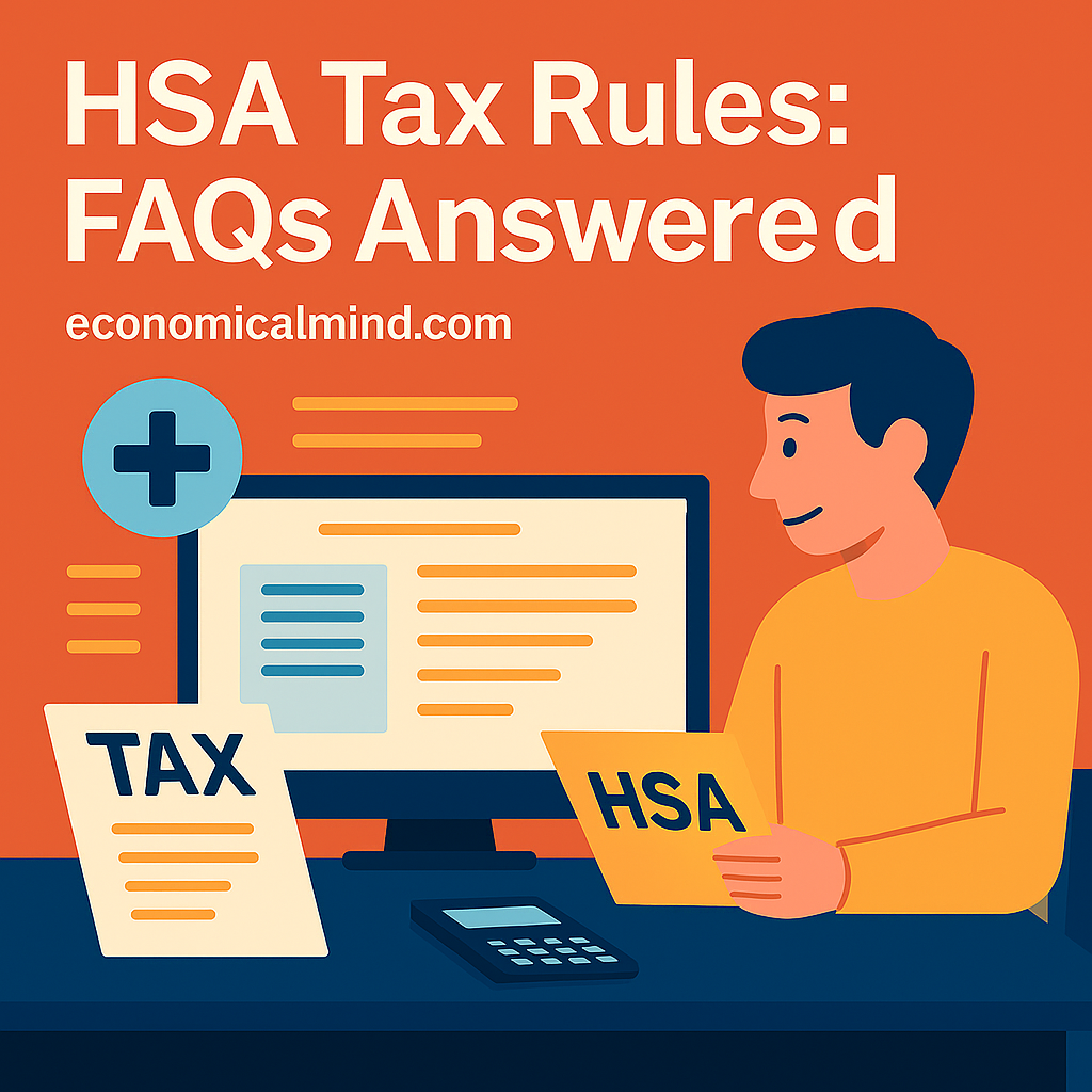 Flat-style digital illustration of a person reviewing HSA tax documents with a calculator and laptop.