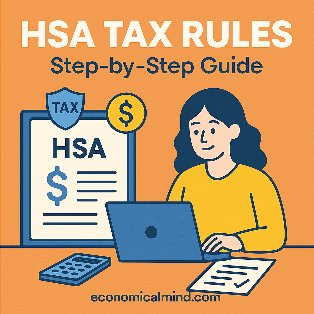 Person reviewing HSA tax rules on a laptop with financial documents and calculator nearby.