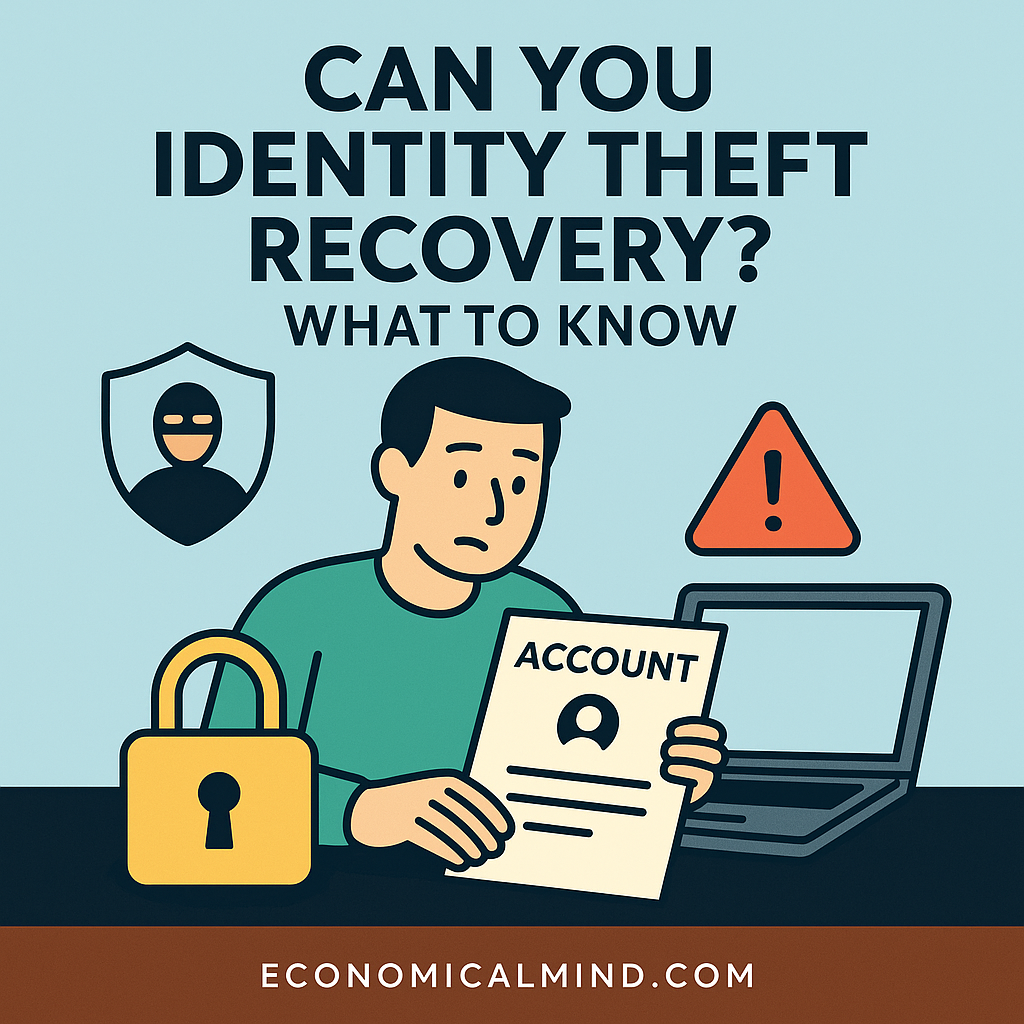 Illustration of a person securing financial documents and locking their online accounts after identity theft.