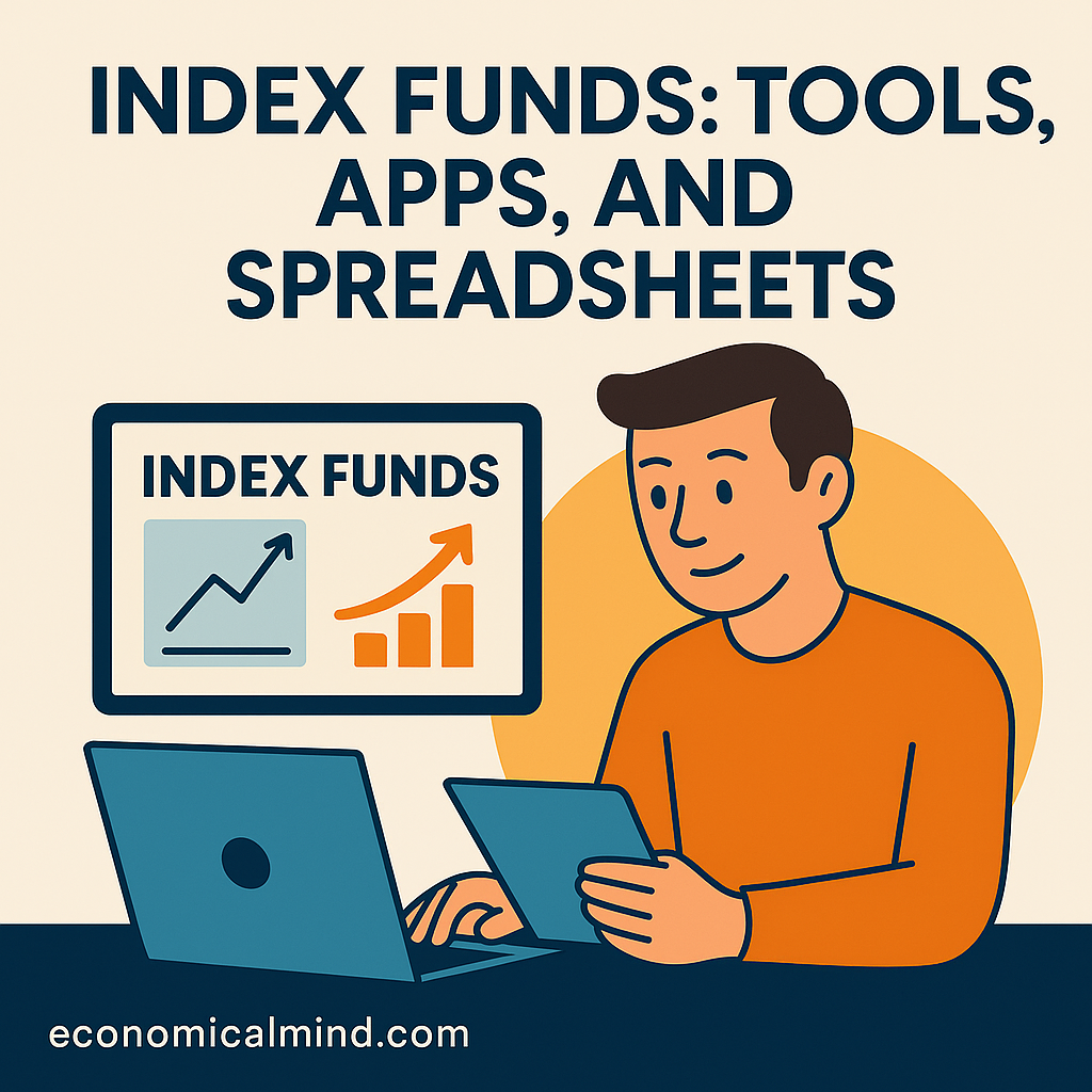 Flat digital illustration showing an investor reviewing charts and graphs on a laptop, symbolizing index fund investing tools and apps.