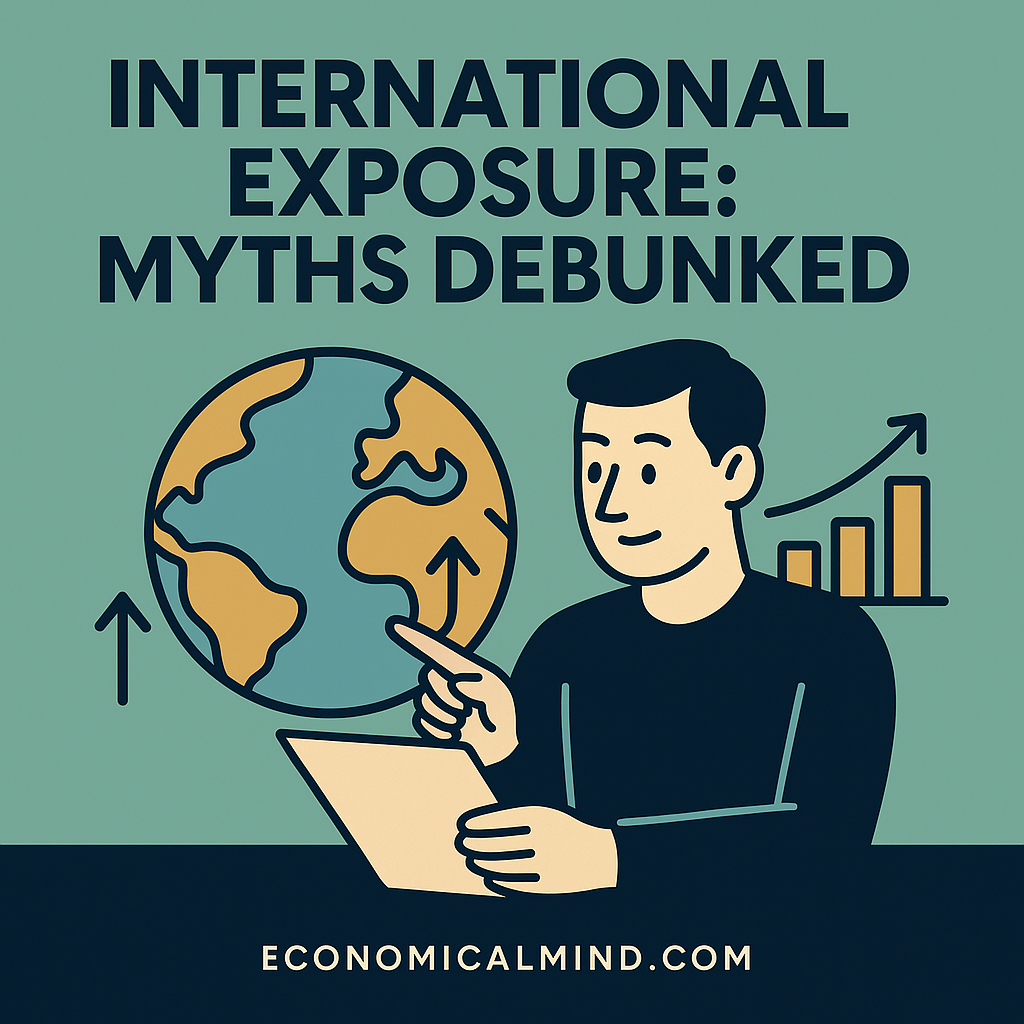 Flat illustration of an investor analyzing a globe with financial charts and global growth arrows.