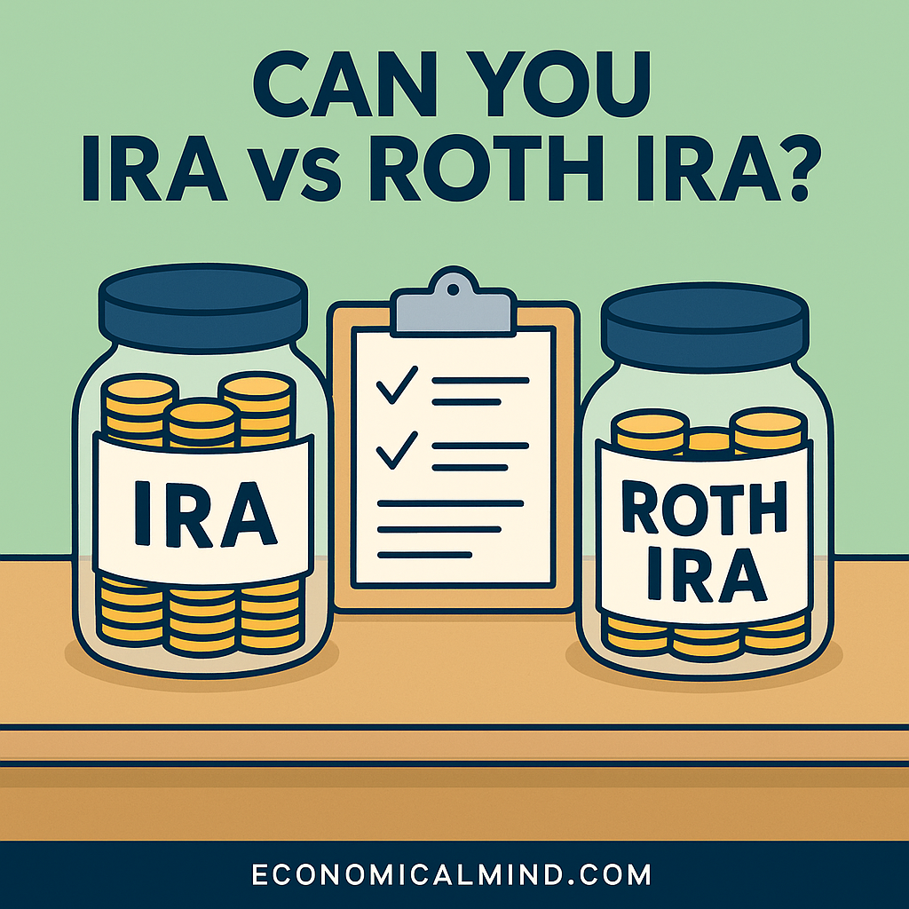 Illustration of two jars labeled “IRA” and “Roth IRA” on a desk, representing different retirement savings strategies.