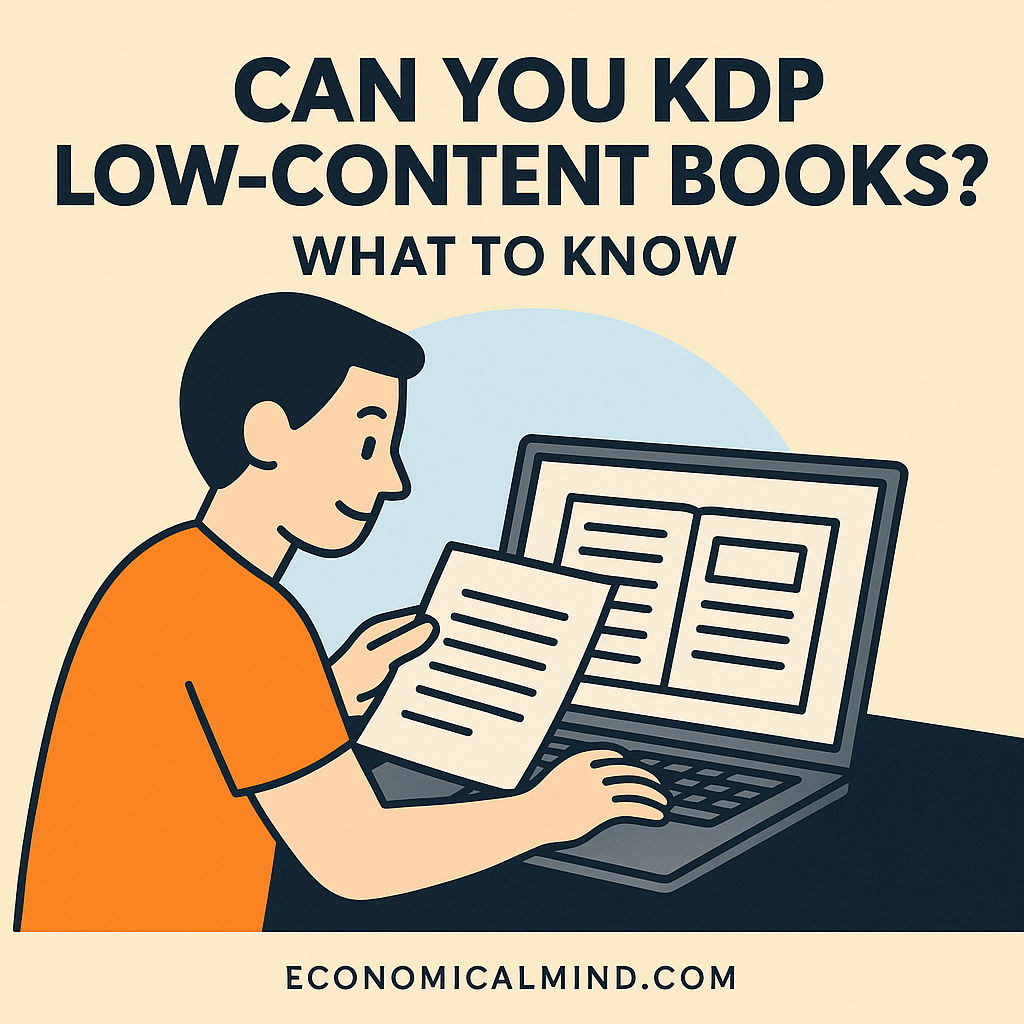 Illustration of a creator designing journal pages on a laptop for KDP low-content books.