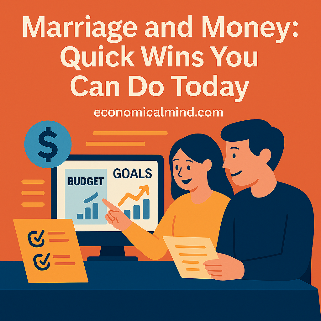 Flat-style digital illustration showing a couple managing household finances together at a table.