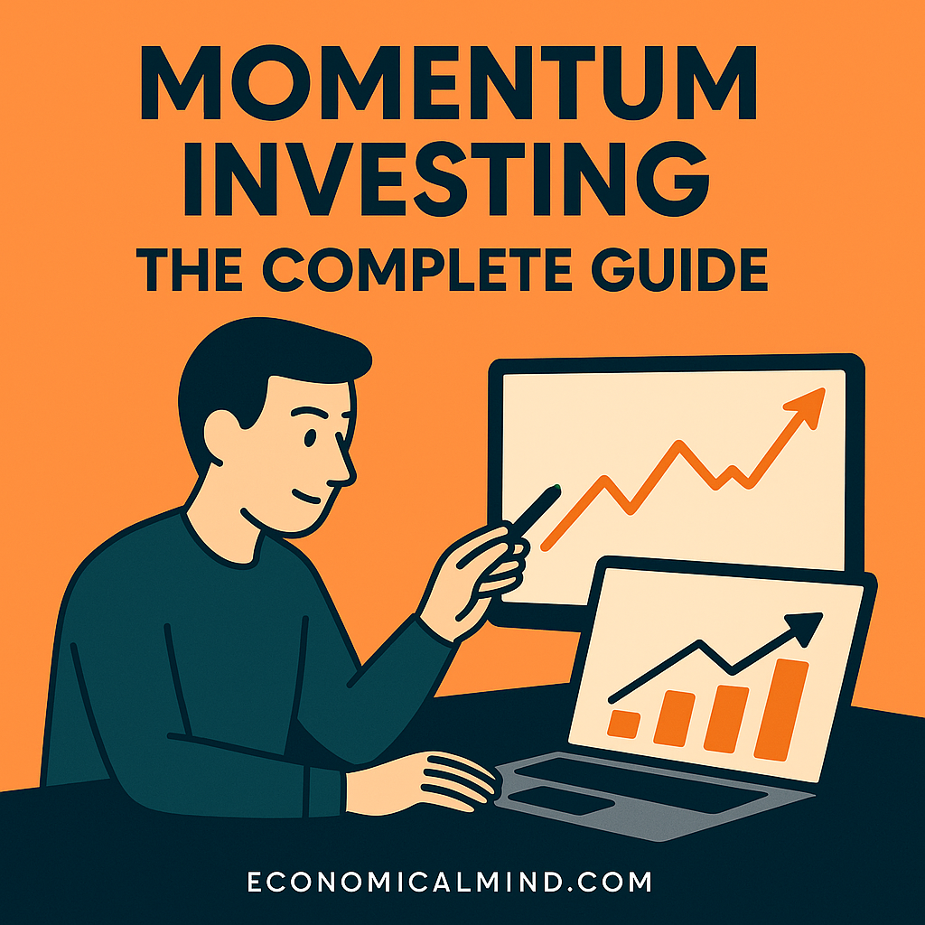 Illustration of an investor analyzing charts showing upward trends, symbolizing the concept of momentum investing.