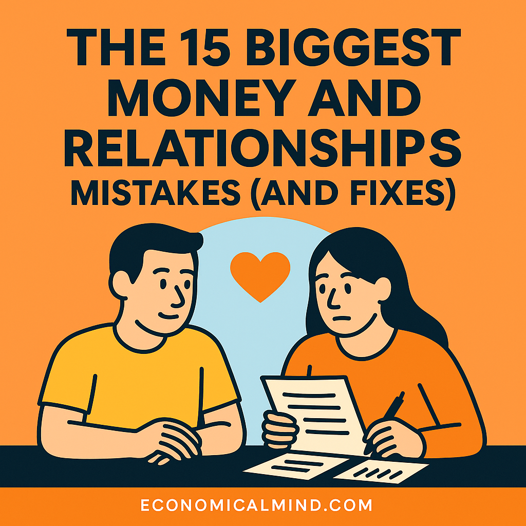 Illustration of a couple discussing finances together at a table with documents and a heart between them.