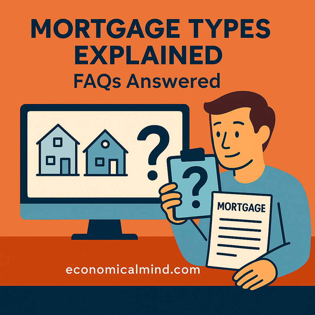 Flat-style digital illustration of a couple reviewing mortgage options with charts and documents on a table.