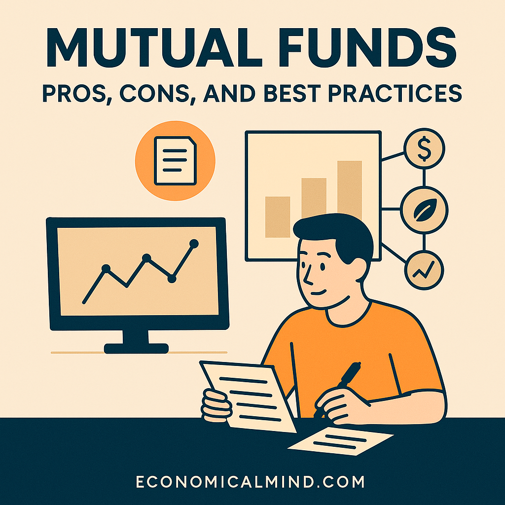 Illustration of an investor analyzing mutual fund performance charts and diversification options.