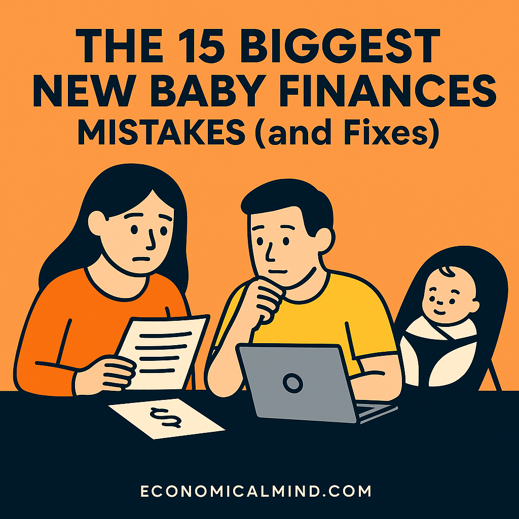 Illustration of new parents reviewing finances with a baby nearby, symbolizing financial planning for families.