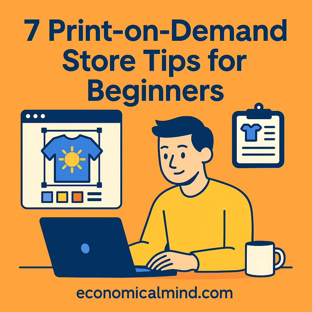 Entrepreneur designing T-shirt graphics on a laptop while managing a print-on-demand store.