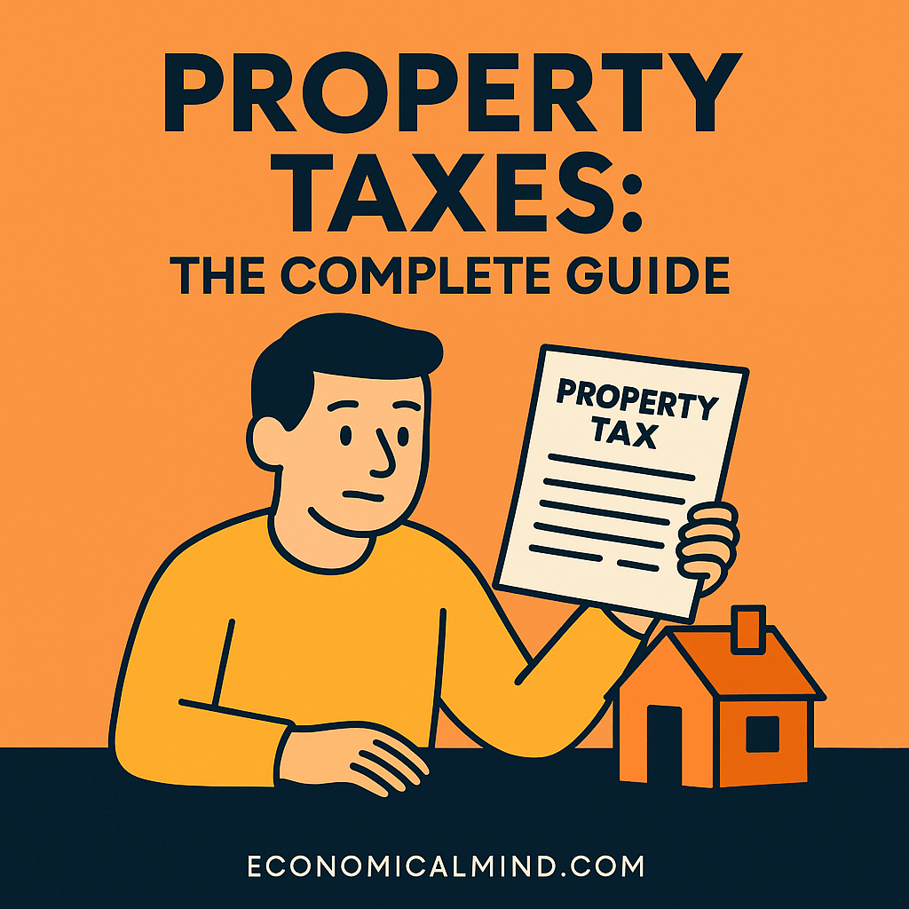 Illustration of a homeowner reviewing a property tax bill with a small house and documents on a desk.