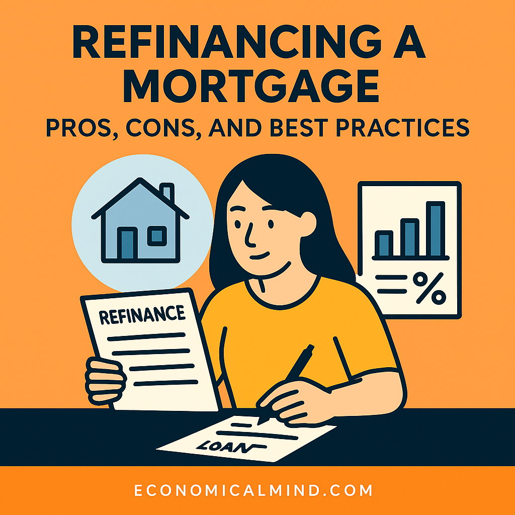 Illustration of a homeowner reviewing refinancing options with charts and a house icon, symbolizing mortgage refinancing.