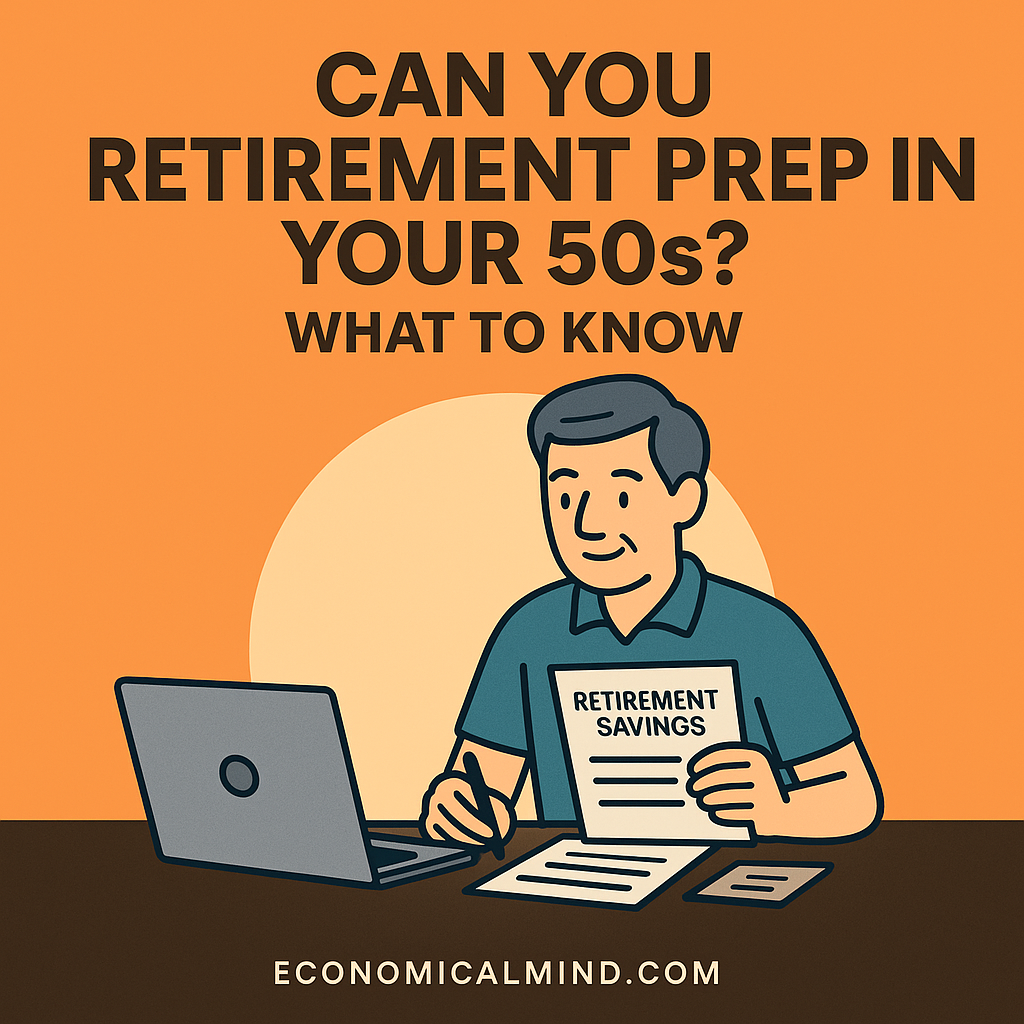 Illustration of a person in their 50s reviewing retirement savings and financial plans at a desk.