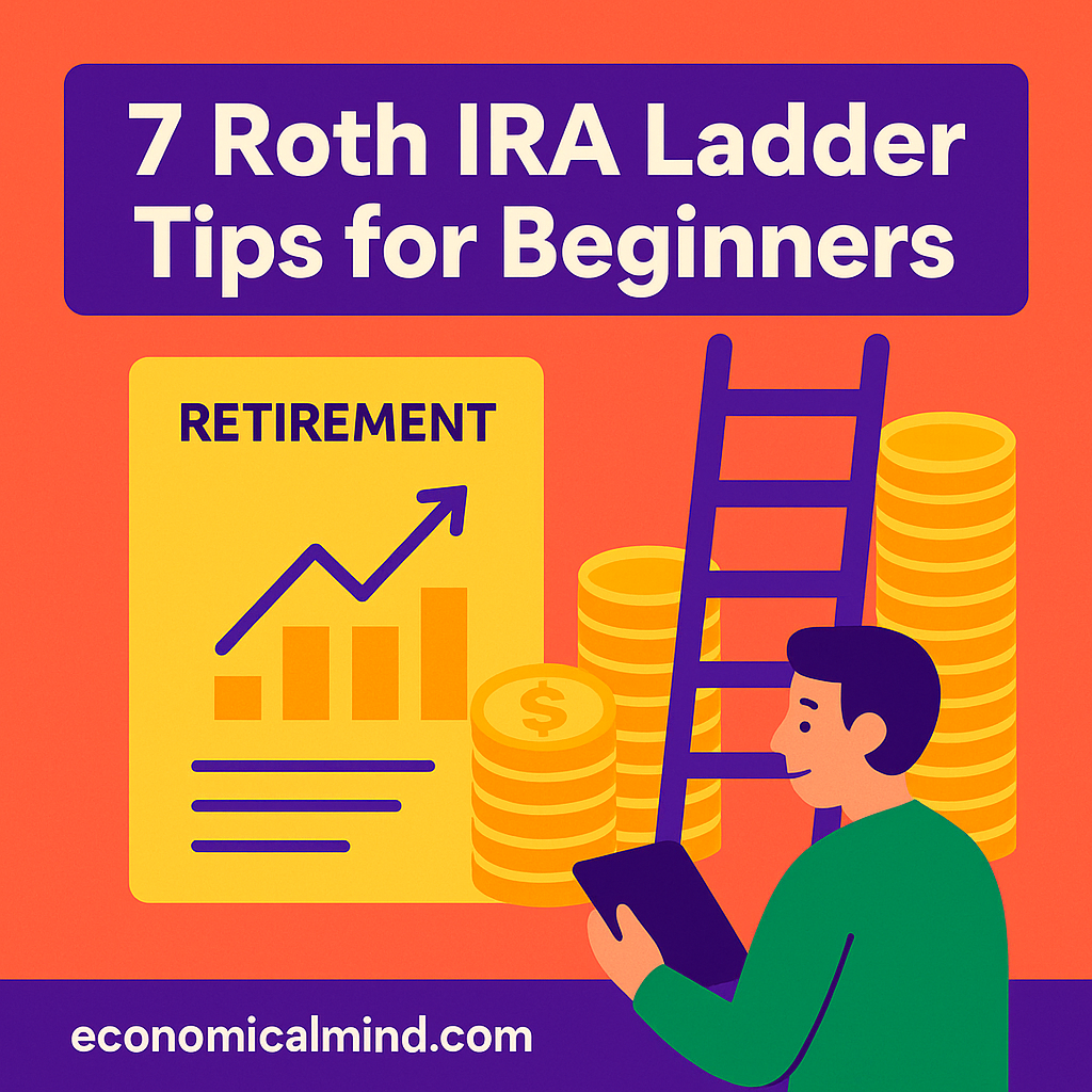 Investor planning a Roth IRA ladder strategy with a retirement chart and stacked coins.