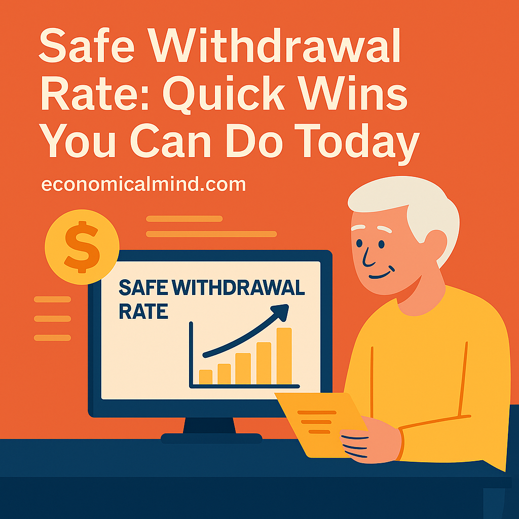 Flat-style digital illustration of a retiree reviewing a financial chart showing withdrawal rates.