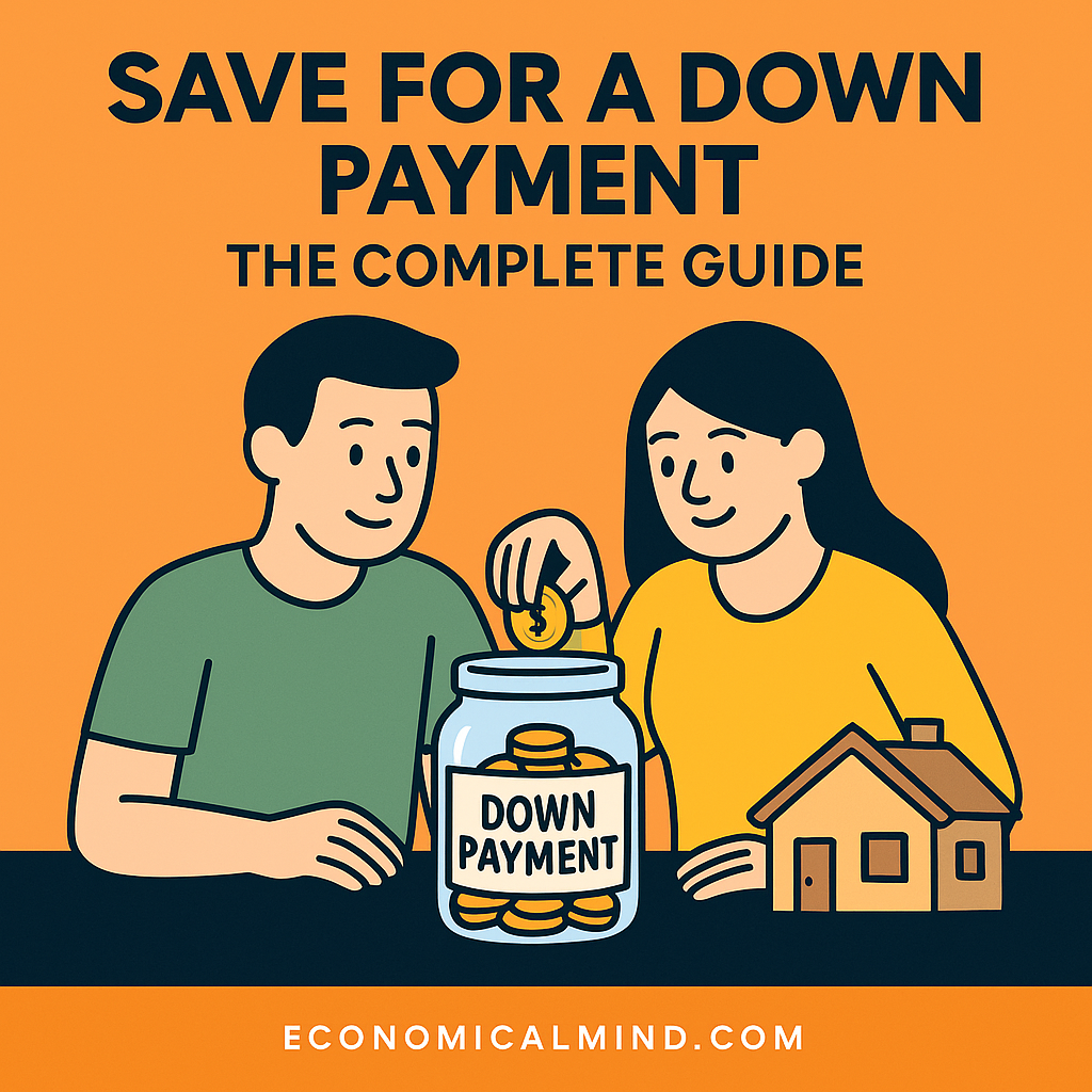 Illustration of a couple saving money in a jar labeled “Down Payment” with a small house beside it.