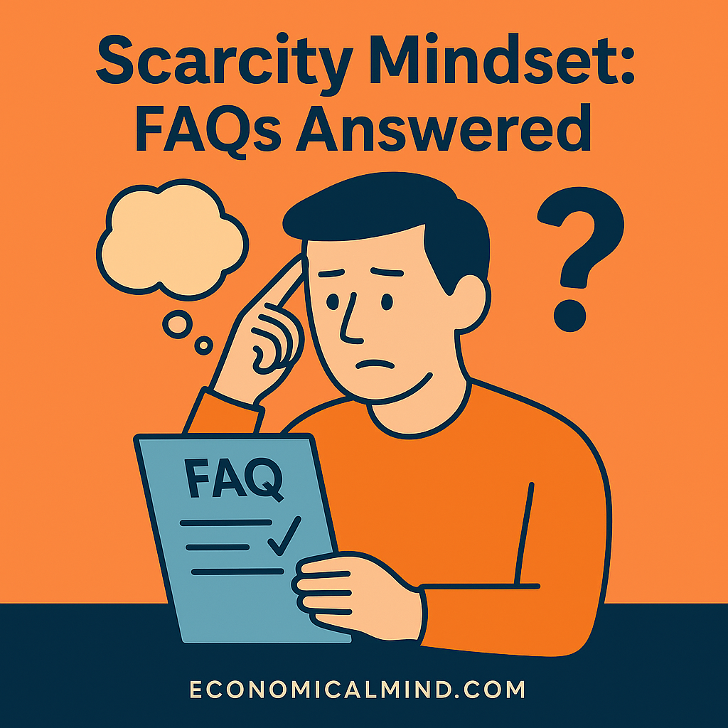 Flat-style digital illustration of a person reflecting on financial scarcity and abundance with thought bubbles showing money and growth symbols.