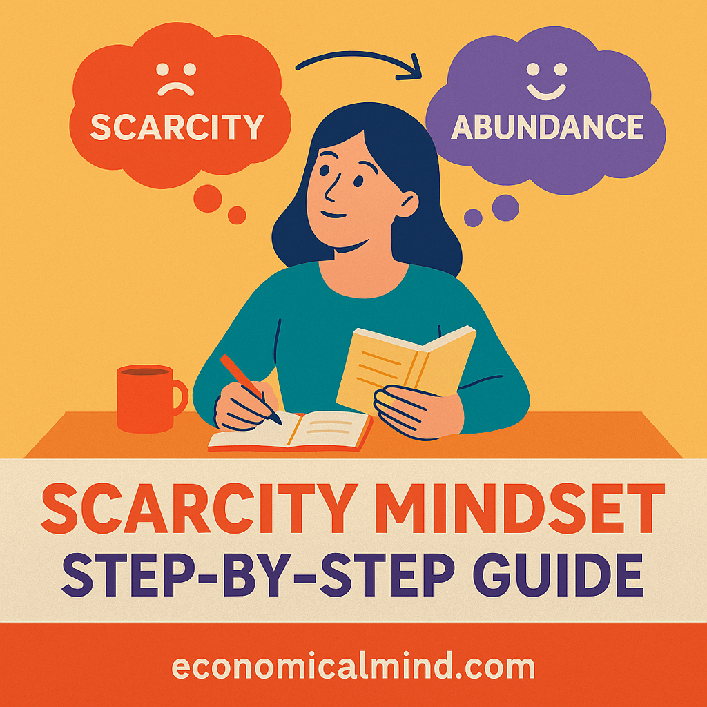 Person shifting mindset from scarcity to abundance while journaling about financial goals.