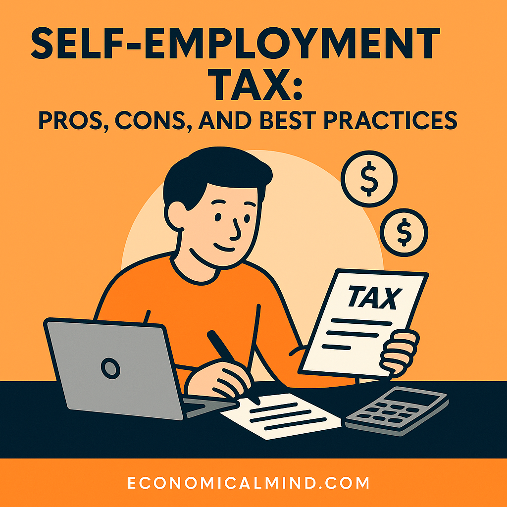 Illustration of a freelancer calculating self-employment tax with forms, a laptop, and dollar icons.
