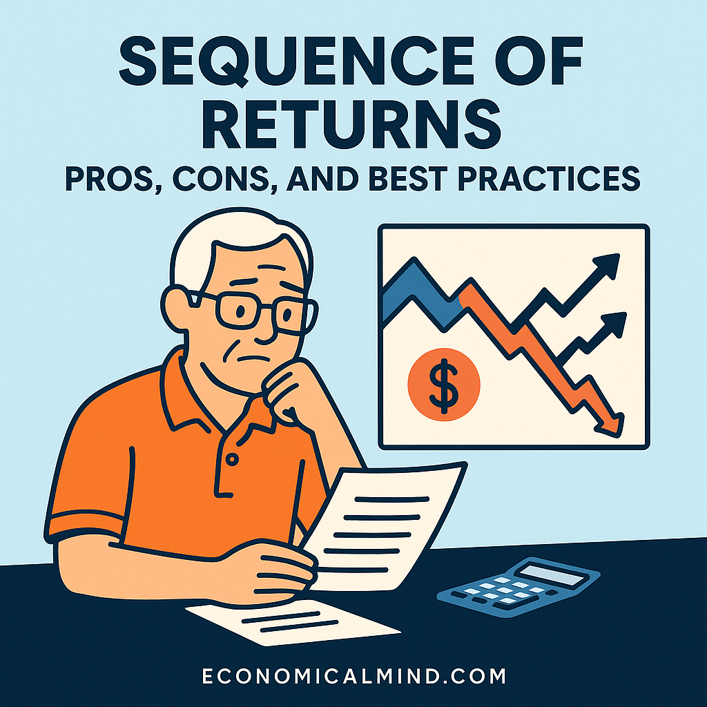 Illustration of a retiree reviewing investment charts showing fluctuating returns, symbolizing sequence of returns risk.
