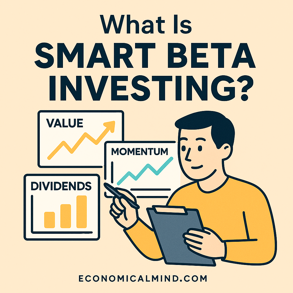 Illustration of an investor analyzing charts labeled “value,” “momentum,” and “dividends,” representing smart beta investing.
