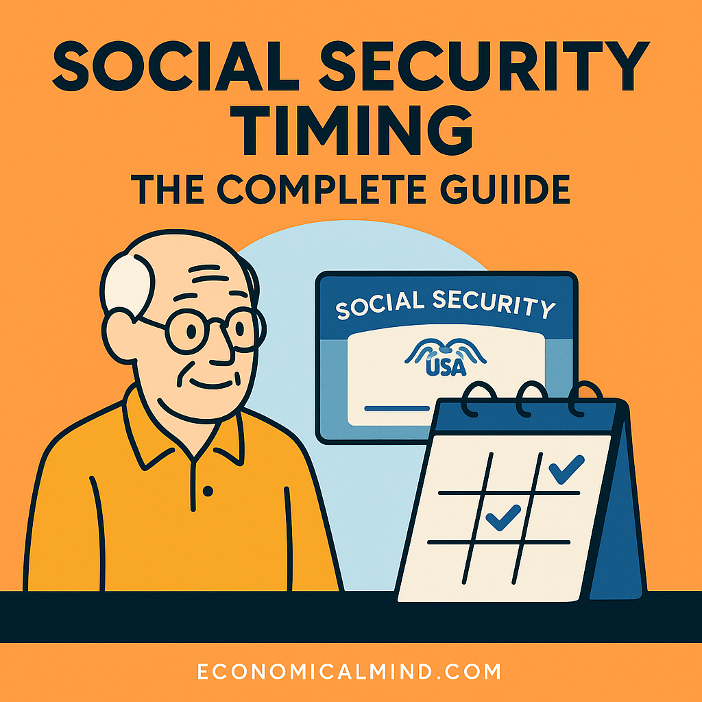 Illustration of a retiree reviewing a calendar and benefit chart, symbolizing Social Security timing decisions.