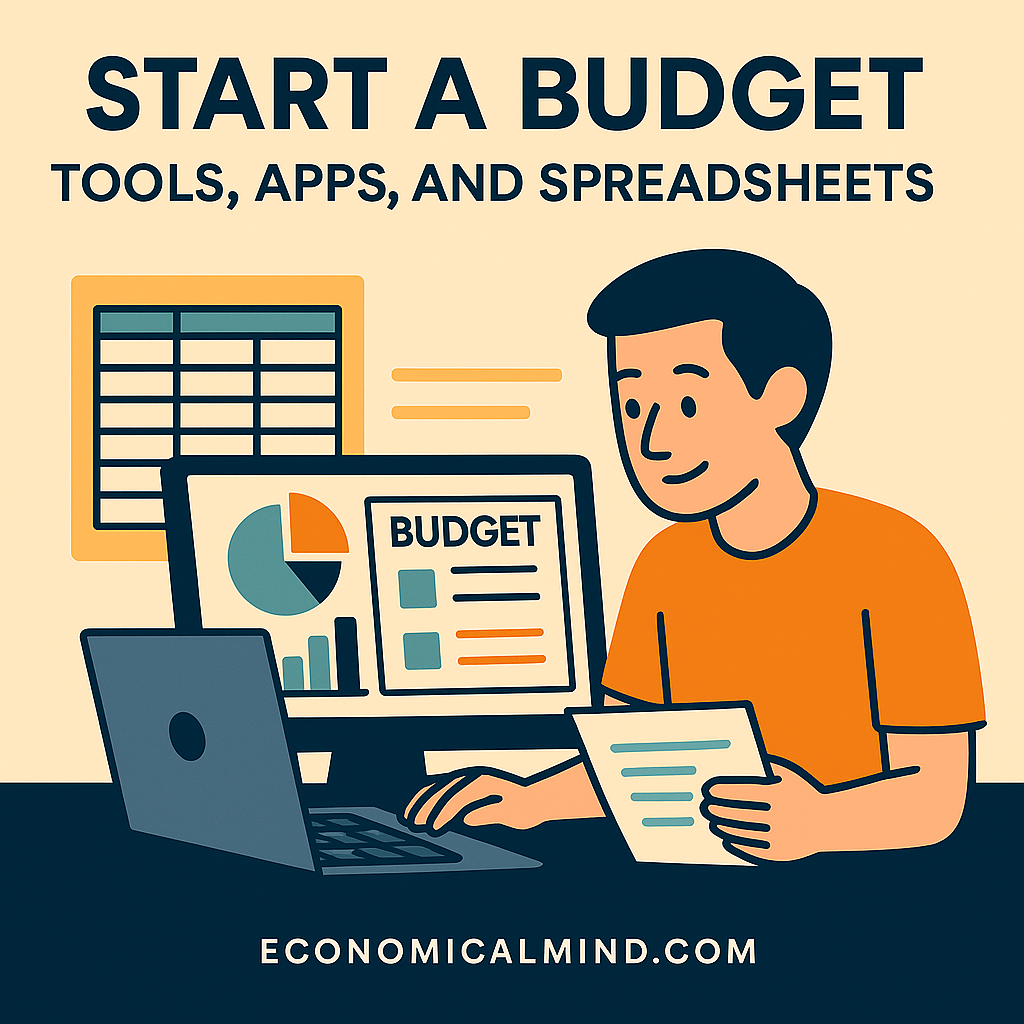 Flat digital illustration showing a person using a budgeting app on a laptop with charts and spreadsheets, representing personal budgeting tools and apps.