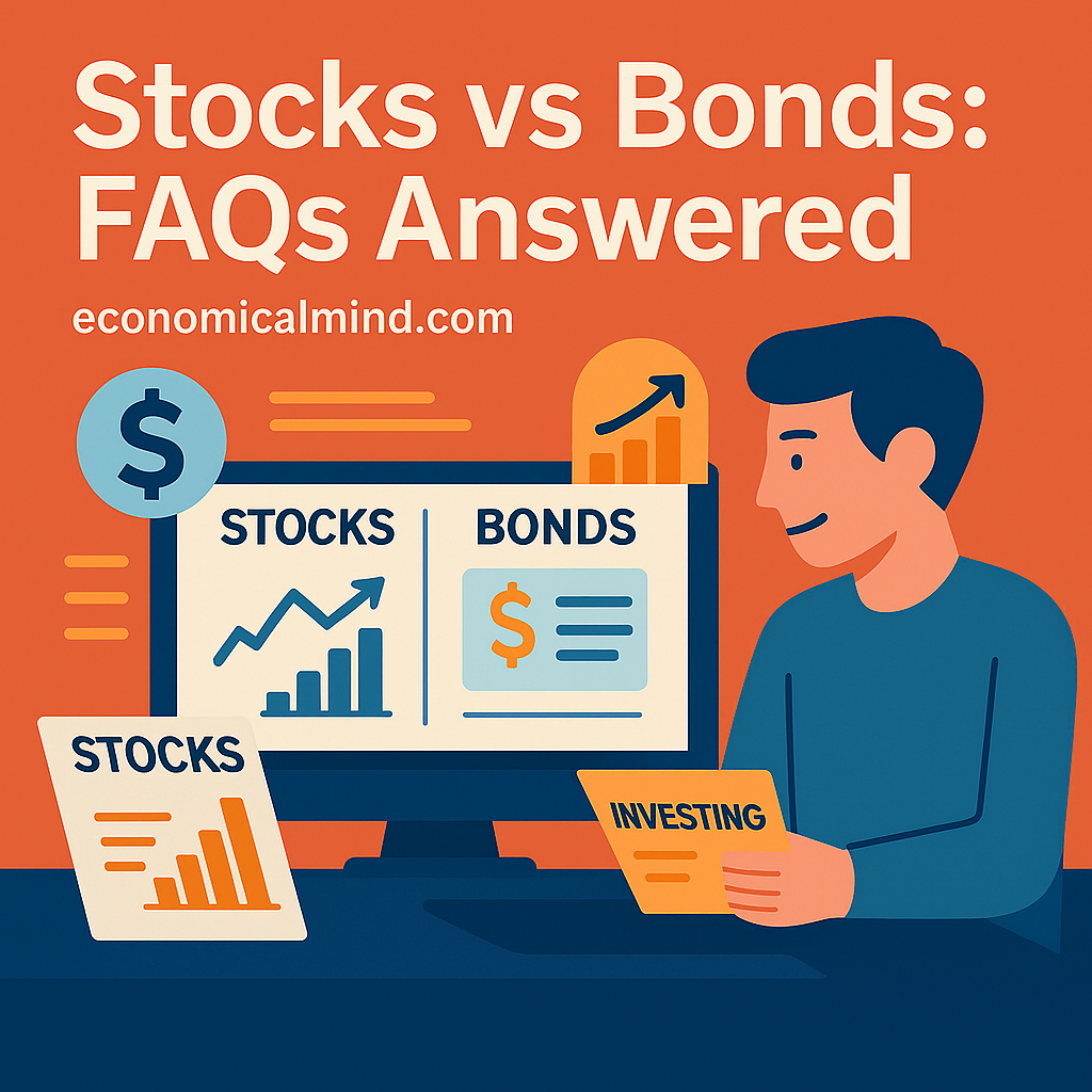 Flat-style digital illustration of an investor comparing stocks and bonds on charts and documents at a desk.