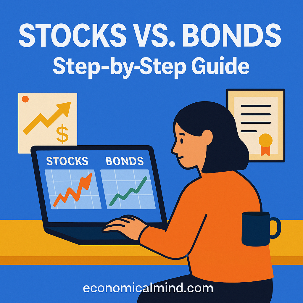 Investor comparing stocks and bonds performance charts on a laptop.