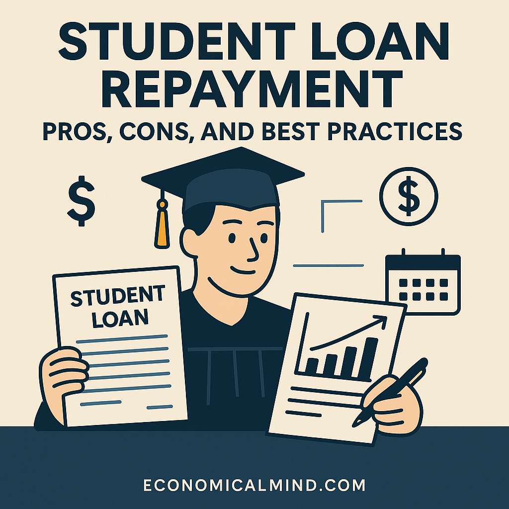 Illustration of a graduate reviewing student loan documents and payment plans with charts and dollar icons.