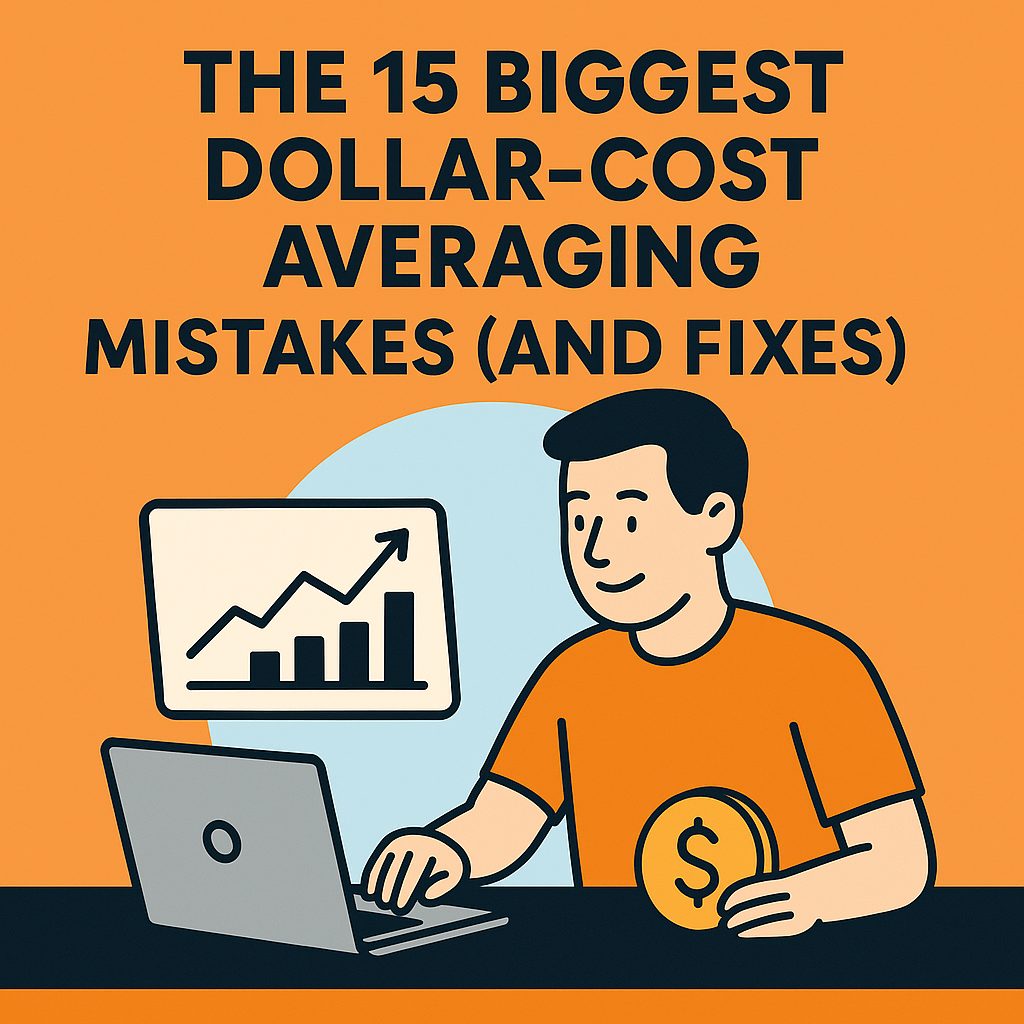 Illustration of an investor using a laptop with a rising stock chart, representing dollar-cost averaging mistakes and fixes.