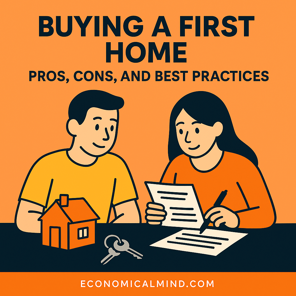 Illustration of a young couple reviewing homebuying documents with a small house model and keys on the table.