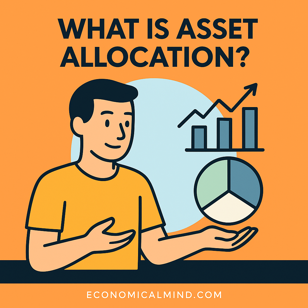 Illustration of an investor balancing charts and pie graphs, symbolizing asset allocation strategy.