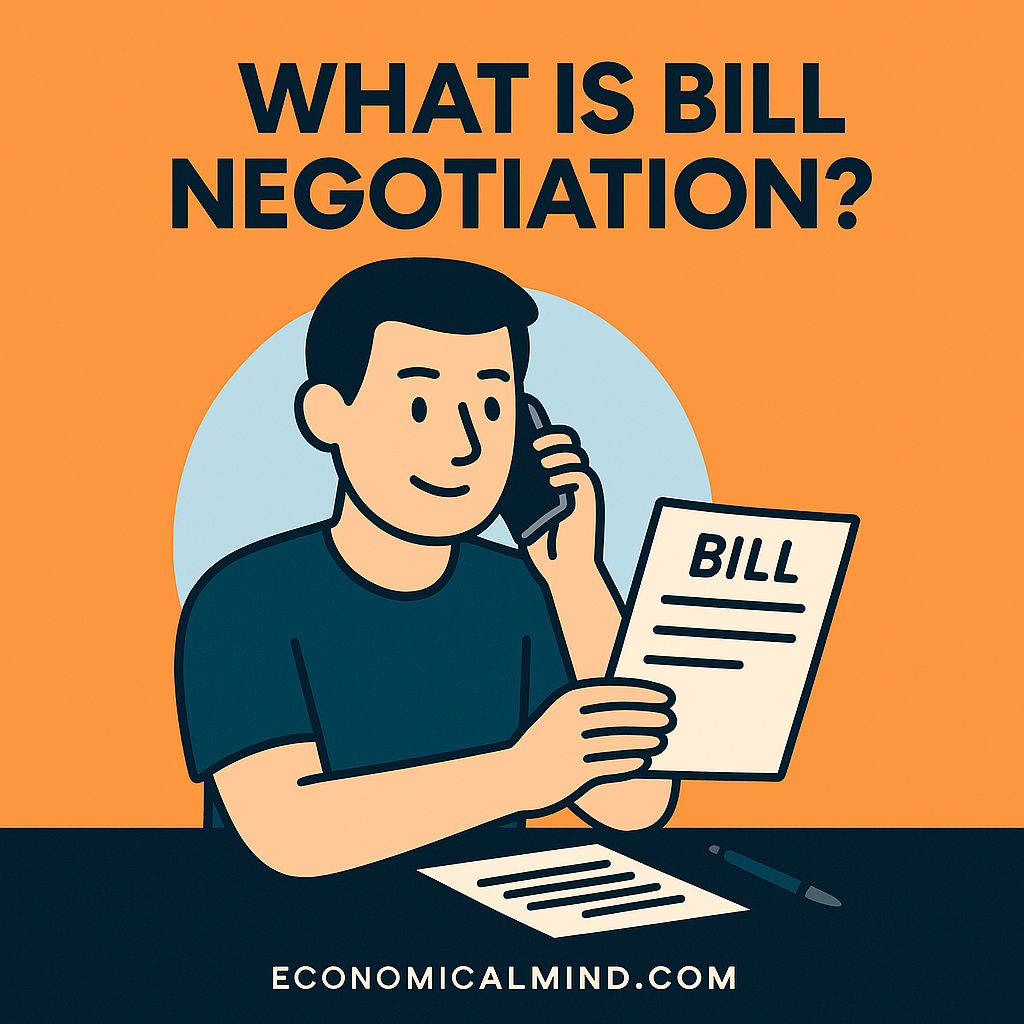 Illustration of a person negotiating bills on the phone while reviewing documents at a desk.
